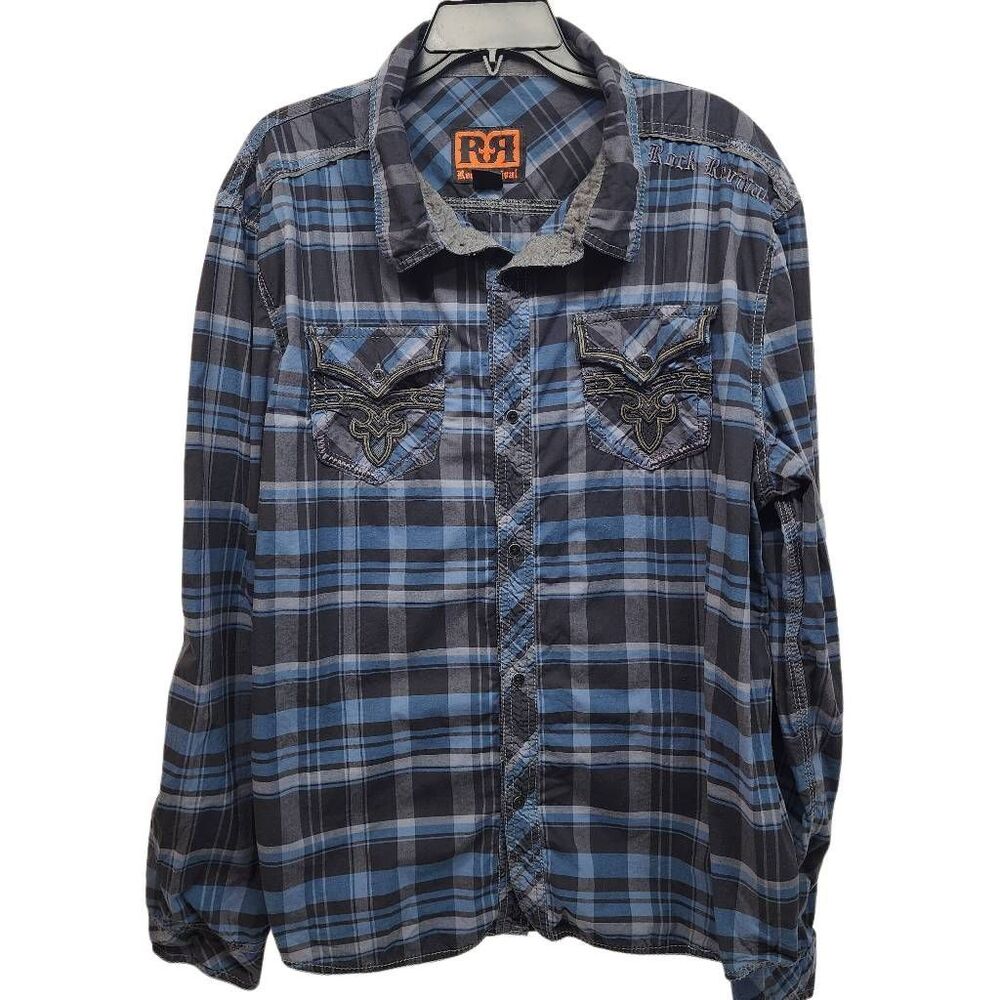 Rock Revival Plaid Button Up Shirt Men's XXL Blue Gray Embroidered Cotton - Picture 9 of 9